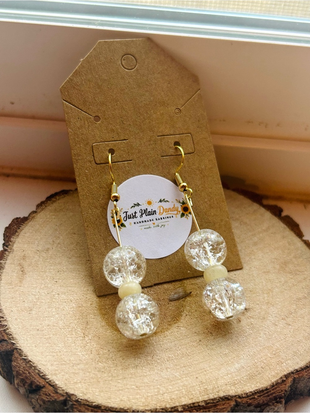 Handmade Clear Crackle Glass Dangle Earrings | Gold Beaded Boho Jewelry